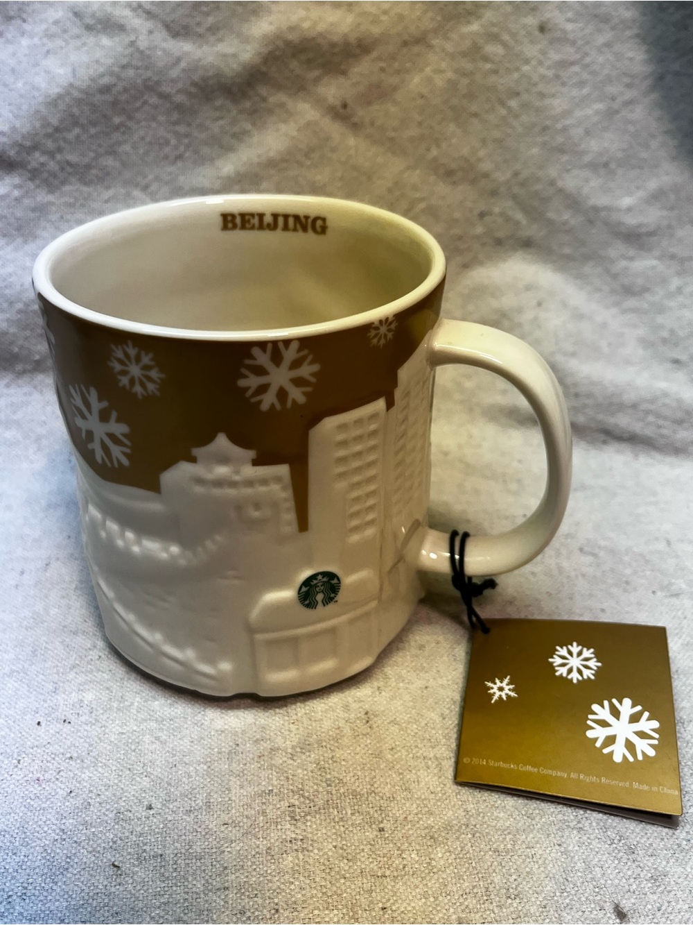 Starbucks Beijing 2014 Gold Christmas Relief Mug 16 oz NEW w/ Original Tag